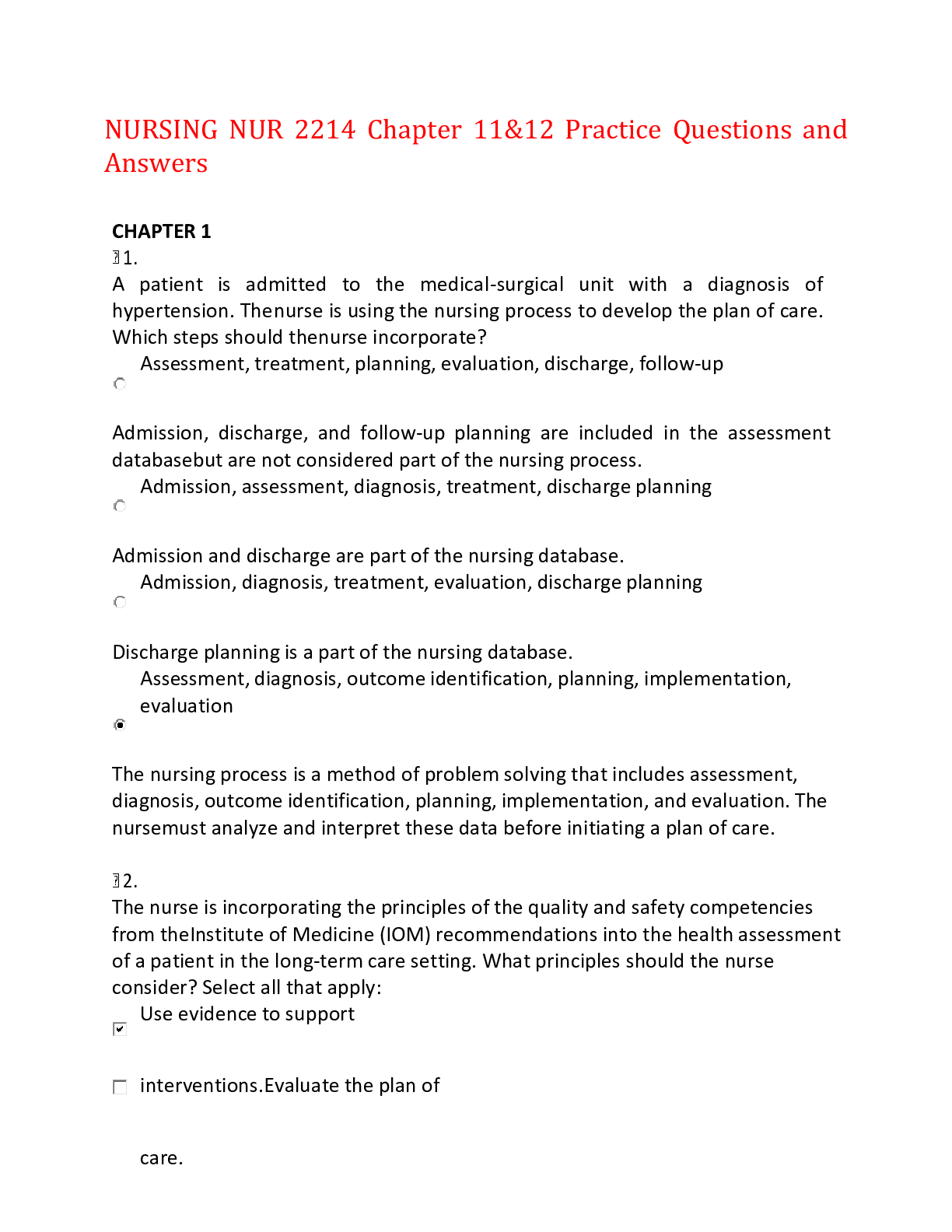 Preview image for NURSING NUR 2214 Chapter 11&12 Practice Questions and Answers,100% CORRECT